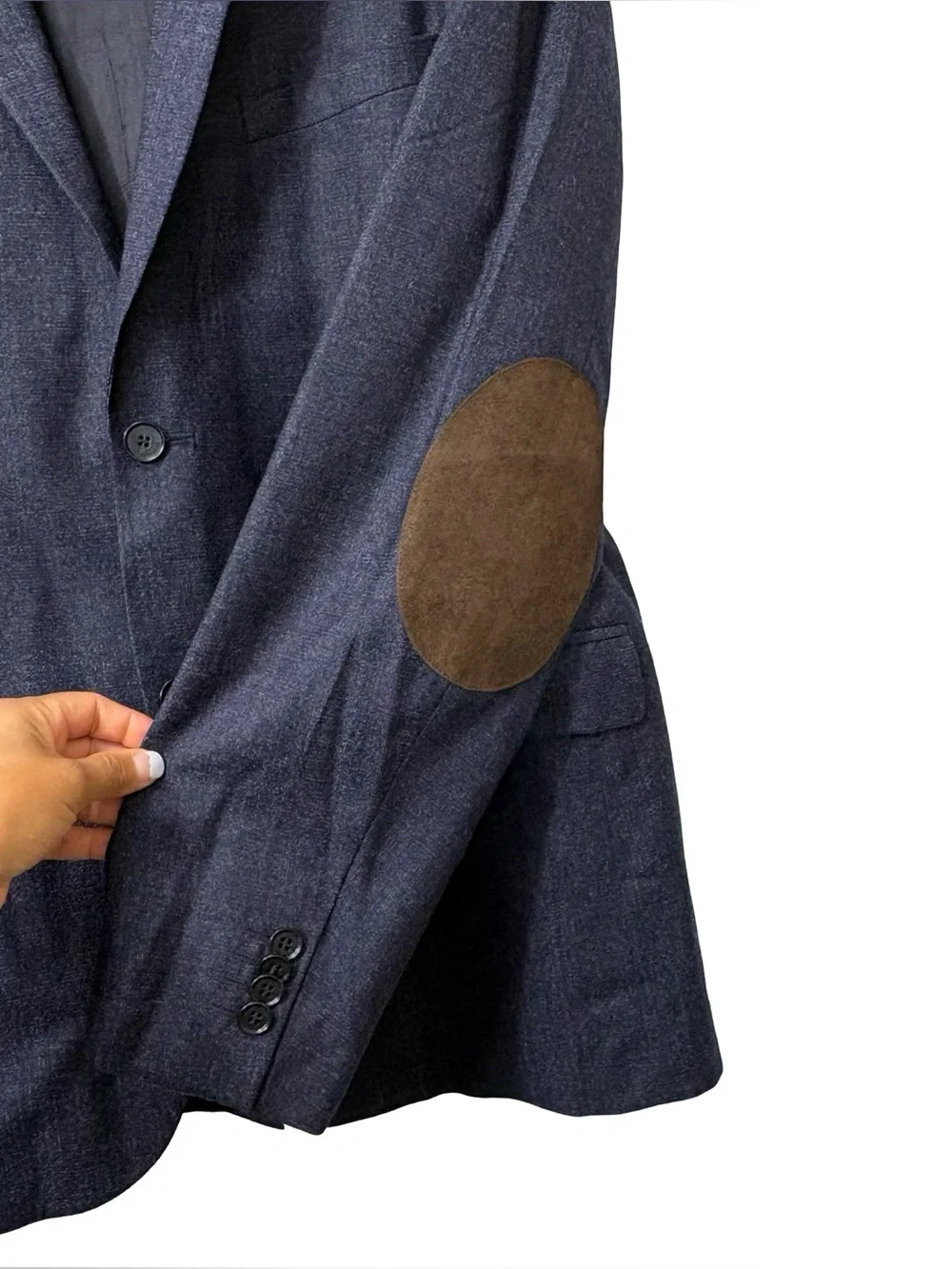 H&M Tollegno 1900 Merino Wool Blazer Slim Fit Blue Jacket 46R Elbow Patches